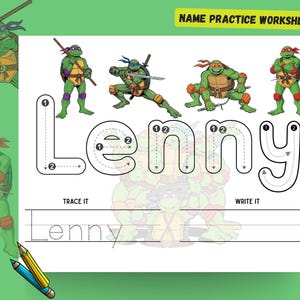 Puede incluir: Una hoja de trabajo para practicar el nombre "Lenny" con ilustraciones de las Tortugas Ninja. La hoja de trabajo incluye secciones de trazado y escritura, con el texto "Name Practice Worksheet" en la parte superior.