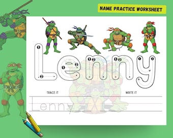 Hoja de trabajo para trazar nombres personalizados de las Tortugas Ninja, PDF imprimible para educación en casa