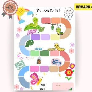 Può includere: Un colorato tabellone dei premi a tema bruco. Il tabellone presenta un percorso con spazi per adesivi, illustrazioni di bruchi, farfalle e fiori, e il testo "You Can Do It!" e "Reward Chart".