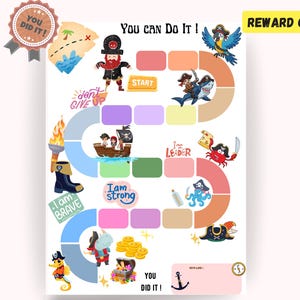 May include: A pirate-themed reward chart with the text "You Can Do It!" and "Reward Chart". The design includes pirate characters, treasure, and motivational phrases such as "I am Brave" and "I am Strong".