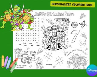 Página para colorear de las Tortugas Ninja / Mantel individual personalizado para niños / Recuerdo de fiesta imprimible