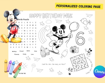 Página para colorear de cumpleaños de Mickey Mouse / Mantel individual personalizado para niños / Recuerdo de fiesta imprimible