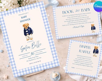Invitación para baby shower con osito de peluche, cuadros y temática ecuestre (plantilla de Canva)