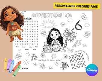 Página para colorear de cumpleaños de Moana / Mantel individual personalizado para niños / Recuerdo de fiesta imprimible