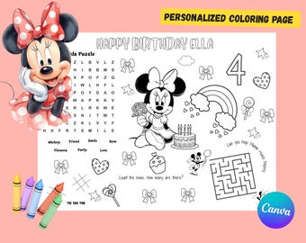 Página para colorear de cumpleaños de Minnie Mouse / Mantel individual personalizado para niños / Recuerdo de fiesta imprimible
