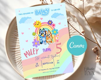 Invitación de cumpleaños de perro azul / Plantilla editable de Canva / Invitación digital imprimible