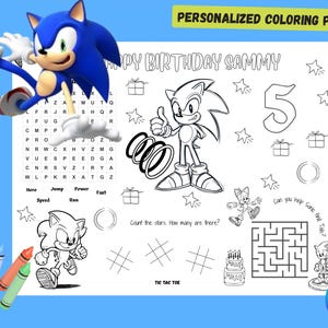 Sonic verjaardag kleurplaat | Gepersonaliseerde kinderplacemat | Afdrukbaar bedankje