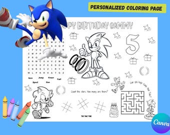 Página para colorear de cumpleaños de Sonic / Mantel individual personalizado para niños / Recuerdo de fiesta imprimible