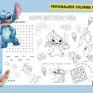 Puede incluir: Una p&aacute;gina para colorear personalizada con Stitch de Lilo & Stitch. La p&aacute;gina incluye un juego de palabras, felicitaciones de cumplea&ntilde;os y varias ilustraciones como conos de helado, tablas de surf y un laberinto. El texto dice "HAPPY BIRTHDAY MIKE" y "PERSONALIZED COLORING PAGE".