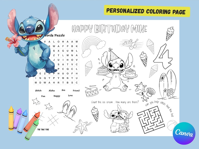 Puede incluir: Una p&aacute;gina para colorear personalizada con Stitch de Lilo & Stitch. La p&aacute;gina incluye un juego de palabras, felicitaciones de cumplea&ntilde;os y varias ilustraciones como conos de helado, tablas de surf y un laberinto. El texto dice "HAPPY BIRTHDAY MIKE" y "PERSONALIZED COLORING PAGE".