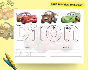 Hoja de trabajo para trazar nombres personalizados de coches, PDF imprimible para educación en casa