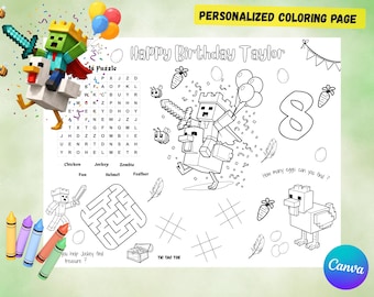 Página para colorear de cumpleaños de Chicken Jockey / Mantel individual personalizado para niños / Recuerdo de fiesta imprimible