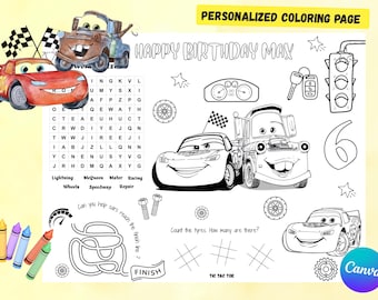 Página para colorear de cumpleaños de la película Cars / Mantel individual personalizado para niños / Recuerdo de fiesta imprimible