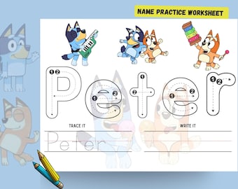 Hoja de trabajo para trazar el nombre personalizado de Blue Dog, PDF imprimible para educación en casa