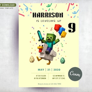 Puede incluir: Una invitación de cumpleaños amarillo claro con el texto "HARRISON IS LEVELING UP 9". Presenta un personaje pixelado montado en un pollo, sosteniendo una espada y globos. La fecha es el 31 de mayo de 2030. Incluye "DESCARGA INSTANTÁNEA" y "PLANTILLA EDITABLE DE CANVA".