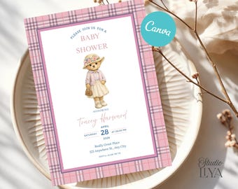 Invitación para baby shower de oso polo / Oso de peluche clásico preppy / Plantilla editable de Canva