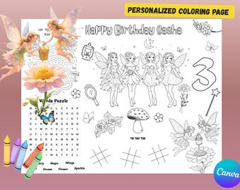 Página para colorear de cumpleaños de hadas / Mantel individual personalizado para niños / Recuerdo de fiesta imprimible
