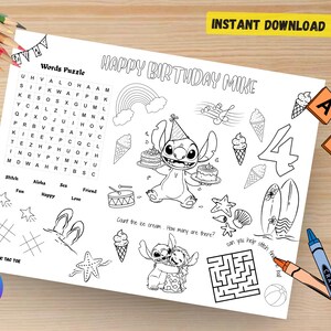 Puede incluir: Hoja de actividades de cumplea&ntilde;os imprimible en blanco y negro con un personaje de dibujos animados, un rompecabezas de palabras y un laberinto. Incluye el texto "HAPPY BIRTHDAY MIKE" y "INSTANT DOWNLOAD".