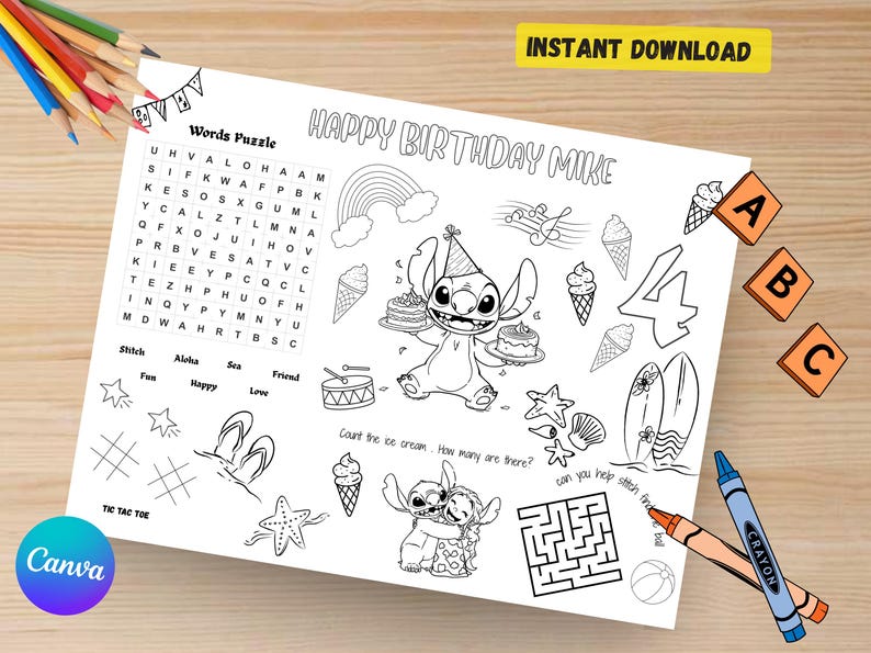 Puede incluir: Hoja de actividades de cumplea&ntilde;os imprimible en blanco y negro con un personaje de dibujos animados, un rompecabezas de palabras y un laberinto. Incluye el texto "HAPPY BIRTHDAY MIKE" y "INSTANT DOWNLOAD".