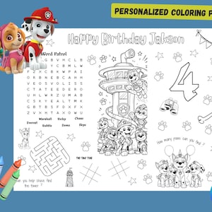 May include: A personalized coloring page featuring the Paw Patrol characters, with the text "Happy Birthday Jakson". Includes a word search, maze, tic-tac-toe, and other activities. Comes with a set of colorful crayons.