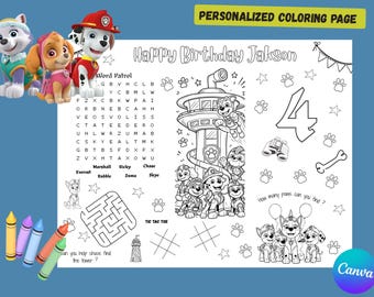 Puppy Patrol Birthday Coloring Page | Personalized Kids Placemat | Printable Party Favor