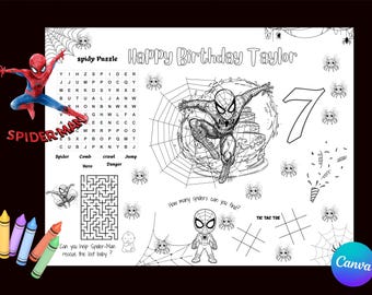 Spider-Man Birthday Coloring Page | Personalized Kids Placemat | Printable Party Favor