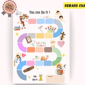 May include: A colorful reward chart with the text "You Can Do It!" and illustrations of religious figures, a cross, and a lamb. The chart includes spaces for rewards and the text "Reward Chart".