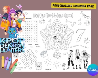 Página para colorear de cumpleaños de Cazadores de demonios del K-Pop / Mantel individual personalizado para niños / Recuerdo de fiesta imprimible