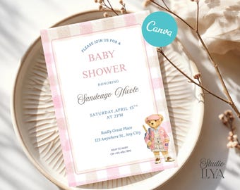 Invitación para baby shower de oso polo / Oso de peluche clásico preppy / Plantilla editable de Canva