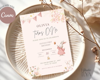Invitación de cumpleaños de "Somebunny Is One" / Invitación para el primer cumpleaños de un conejito / Plantilla editable de Canva / Descarga instantánea