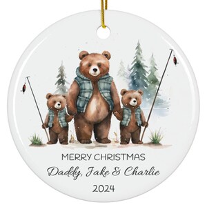 Personalised Dad & Two Bear Cubs Ornament, Custom Father and Two Children Christmas Ornament, Father&#39;s Day Gift, Dad Fishing Family Ornament
