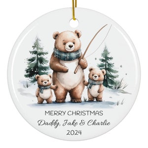Personalised Dad & Two Bear Cubs Ornament, Custom Father and Two Children Christmas Ornament, Father&#39;s Day Gift, Dad Fishing Family Ornament