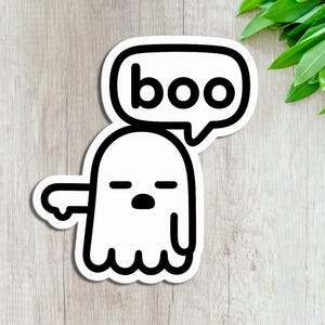 Ghost Booing in Disapproval Sticker - Funny Halloween Cartoon Decal, Cute Spooky Ghost Emoji for Laptops, Water Bottles & Scrapbooking