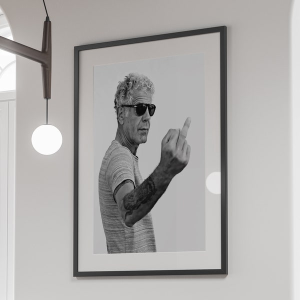 Anthony Bourdain Middle Finger Poster, Black and White, Vintage Photography Print, Kitchen Wall Decor, Printable Wall Art, Digital Download