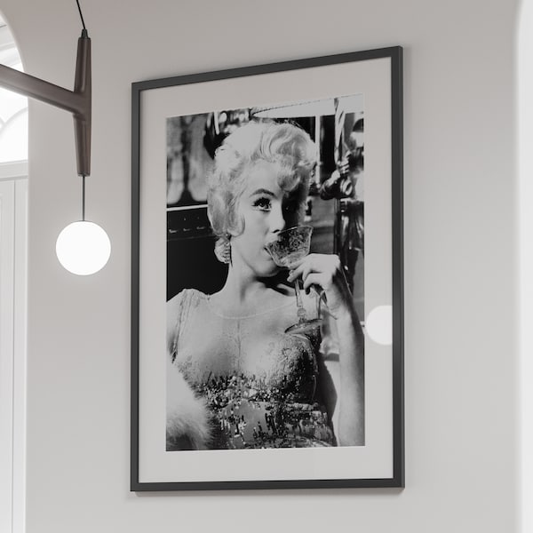 Marilyn Monroe Drinking Wine Print, Black and White, Vintage Photo, Bar Cart Print, Kitchen Wall Art, Old Hollywood Print, Dining Room Decor