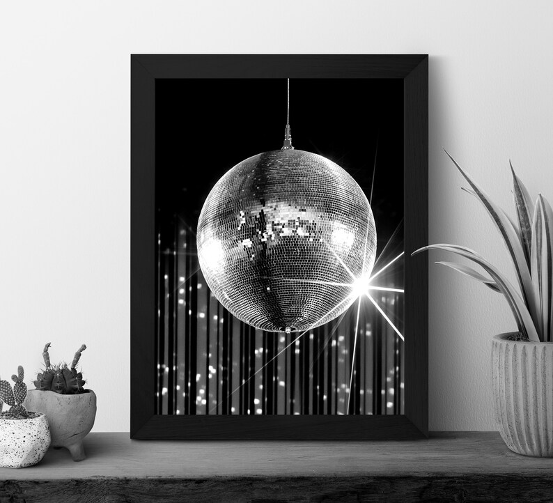 Disco Ball Print, Black and White Wall Art, Disco Ball 70s Poster, Preppy Room Decor, Funky Wall