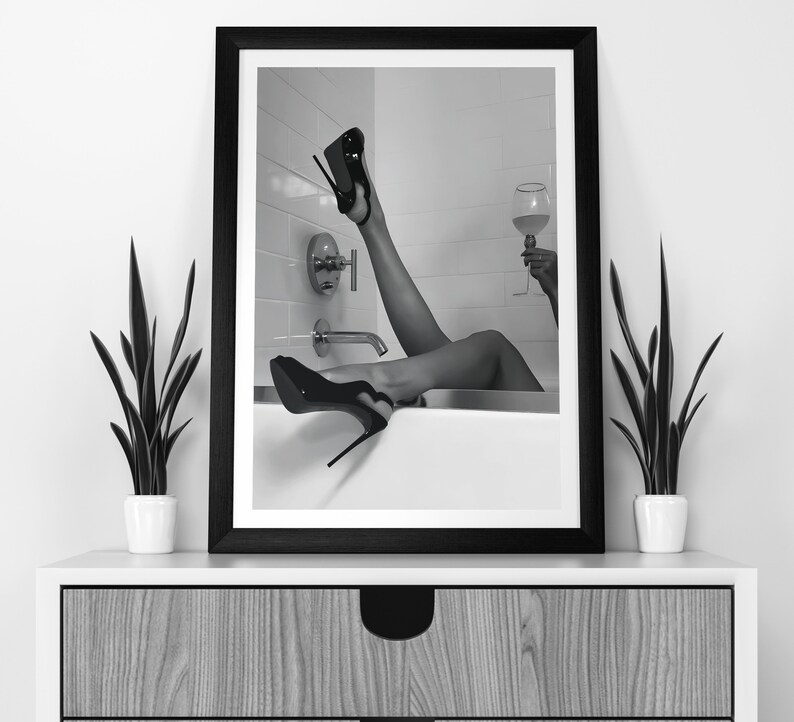 Woman Drinking Wine in Bathtub Print, Feminist Poster, Black and White