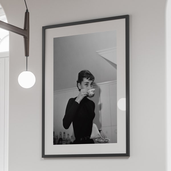 Audrey Hepburn Drinking Coffee Poster, Black and White, Vintage Photography Prints, Kitchen Wall Art, Old Hollywood Print, Coffee Shop Decor