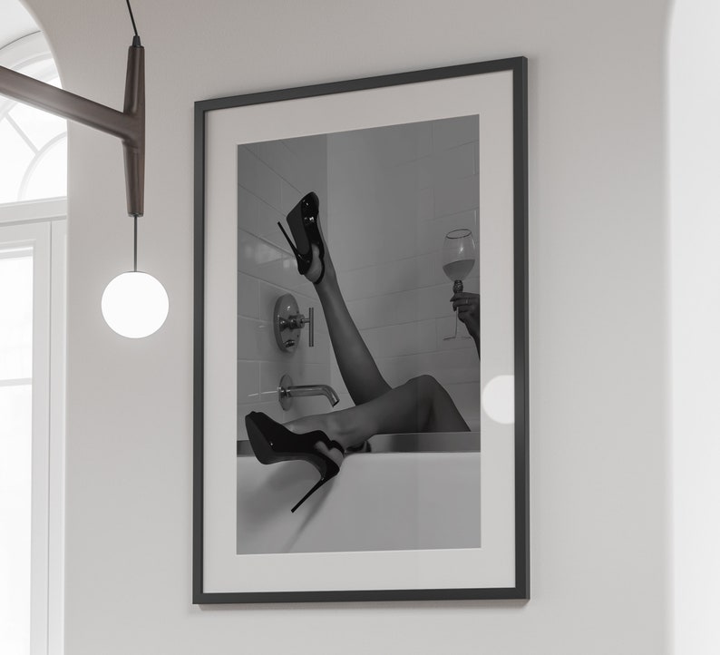 Woman Drinking Wine in Bathtub Print, Feminist Poster, Black and White