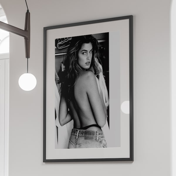 Cindy Crawford Poster, Black and White, Vintage Print, Fashion Photography, Old Hollywood Decor, Retro Wall Art, 1980s, Digital Download