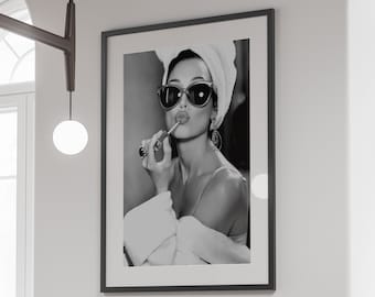 Audrey Hepburn Lipstick Print, Black and White, Vintage Photo, Audrey Hepburn Poster, Fashion Wall Art, Old Hollywood Decor, Feminist Print