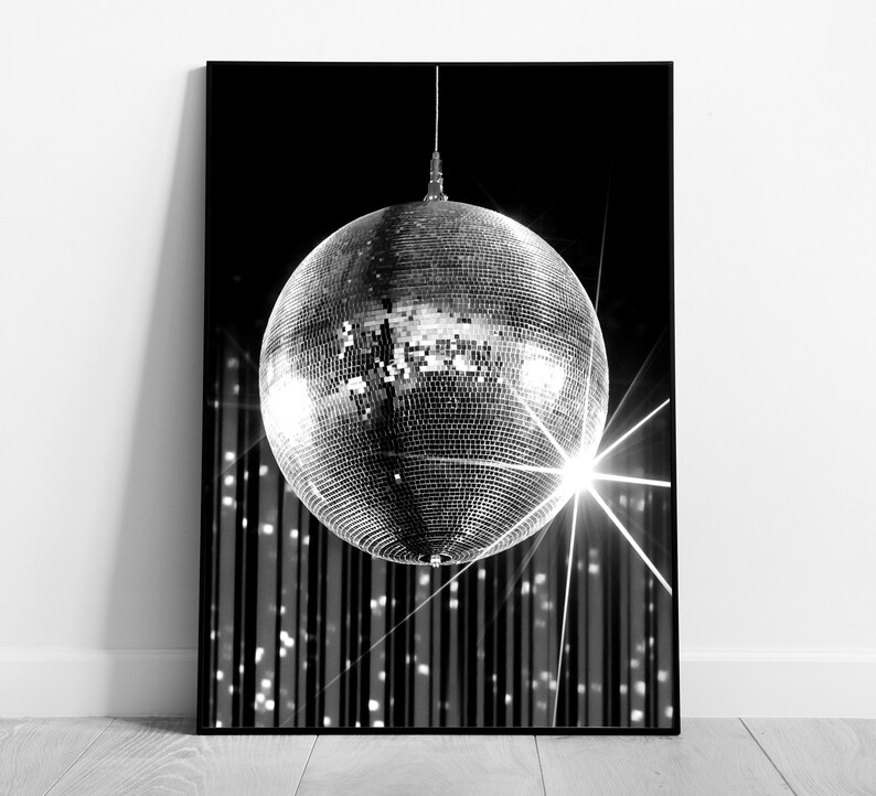 Disco Ball Print, Black and White Wall Art, Disco Ball 70s Poster, Preppy Room Decor, Funky Wall