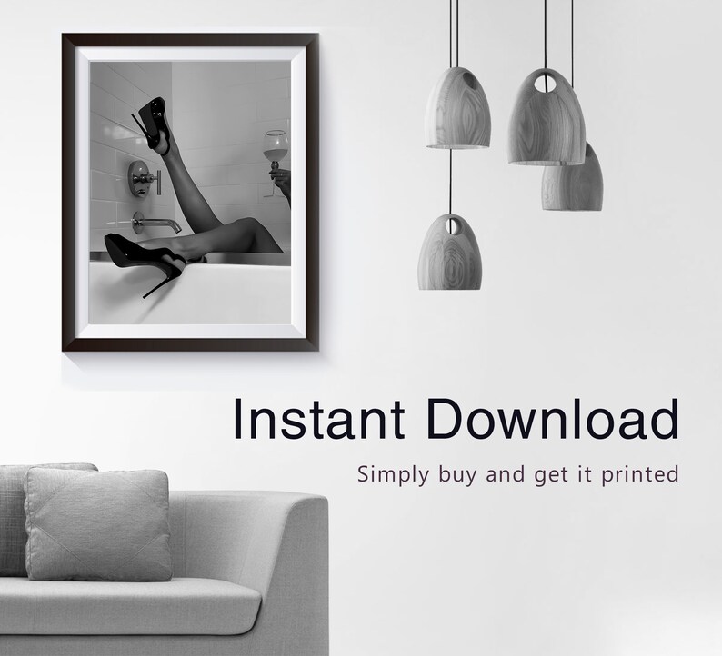 Woman Drinking Wine in Bathtub Print, Feminist Poster, Black and White