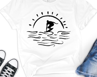 Handmade Surf Sunset T-Shirt, Retro Coastal Graphic Tee