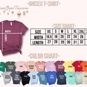 Op de afbeelding: Unisex t-shirt maattabel met metingen in inches. Kleurenkaart met 18 verschillende kleuropties voor het t-shirt. Het t-shirt is getoond in de kleur maroon.