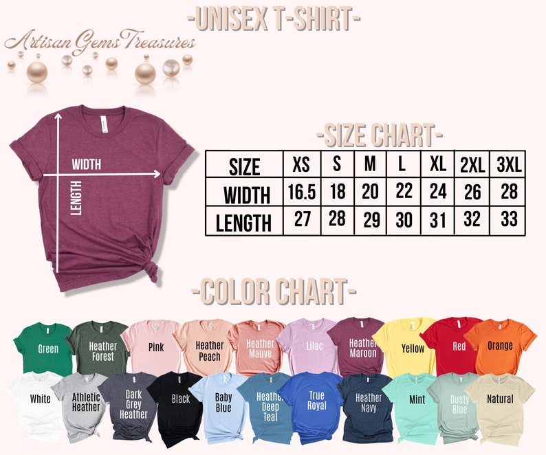 Op de afbeelding: Unisex t-shirt maattabel met metingen in inches. Kleurenkaart met 18 verschillende kleuropties voor het t-shirt. Het t-shirt is getoond in de kleur maroon.