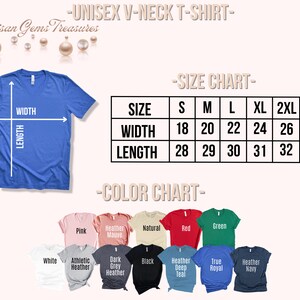 Op de afbeelding: Maattabel voor een unisex v-hals t-shirt met afmetingen in inches. De tabel toont breedte- en lengtemaat voor maten S, M, L, XL en 2XL. Een kleurenkaart toont 12 verschillende kleuropties voor het t-shirt.