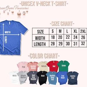 Op de afbeelding: Maattabel voor een unisex v-hals t-shirt met afmetingen in inches. De tabel toont breedte- en lengtemaat voor maten S, M, L, XL en 2XL. Een kleurenkaart toont 12 verschillende kleuropties voor het t-shirt.