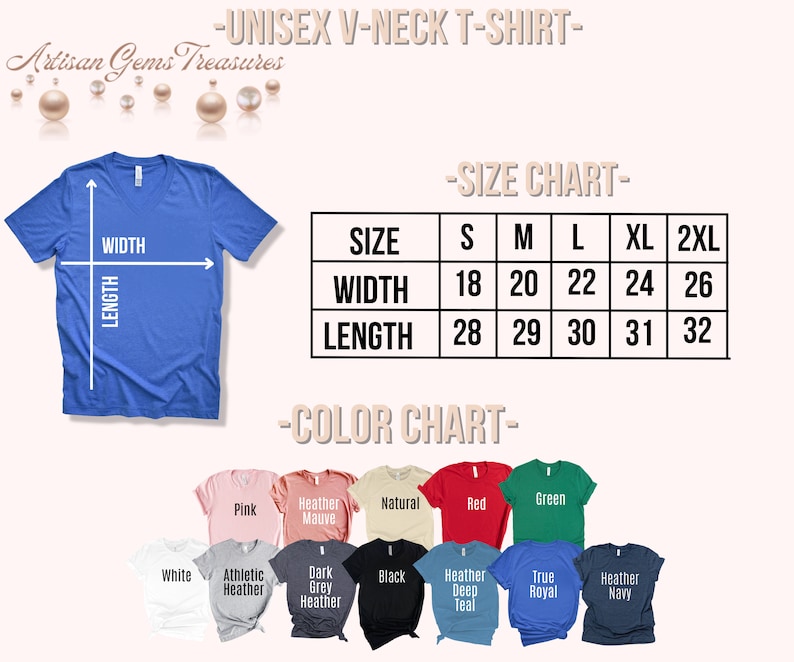 Op de afbeelding: Maattabel voor een unisex v-hals t-shirt met afmetingen in inches. De tabel toont breedte- en lengtemaat voor maten S, M, L, XL en 2XL. Een kleurenkaart toont 12 verschillende kleuropties voor het t-shirt.