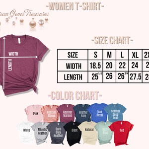 Op de afbeelding: Een maattabel voor dames T-shirts met afmetingen in inches. De tabel toont de breedte en lengte van de shirts in de maten S, M, L, XL en 2XL. Een kleurenkaart toont 12 verschillende kleuren T-shirts, waaronder roze, wit, heather mauve, heather maroon, heather navy, true royal, heather deep teal, athletic heather, dark grey heather, zwart, naturel, dusty blue en rood.